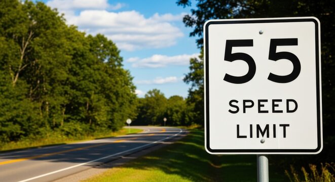 Fifty Five Speed Limit Sign On Scenic Rural Road Surrounded By Trees