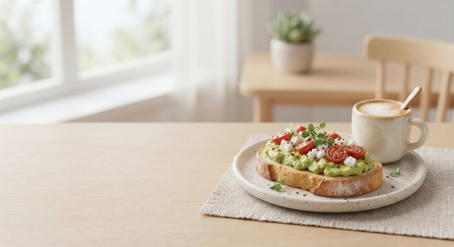 3D rendered clay style miniature scene of avocado toast with tomatoes and cheese, and a cup of cafe au lait on a wooden table.