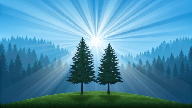 Two green pine trees standing on a grassy hill with bright sun rays shining through the forest in the morning