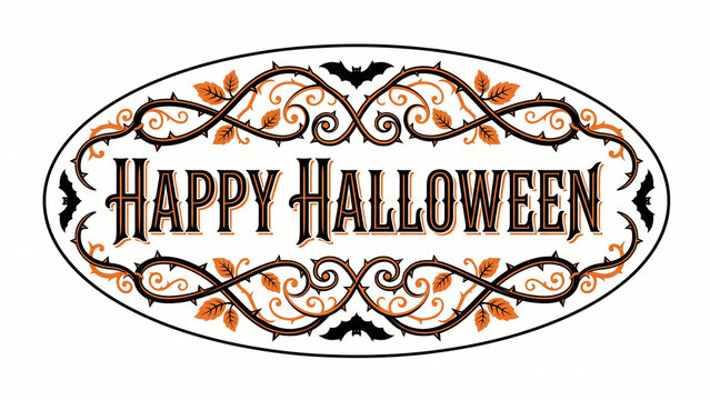Vintage style oval frame with happy halloween text surrounded by decorative thorny vines and small bats