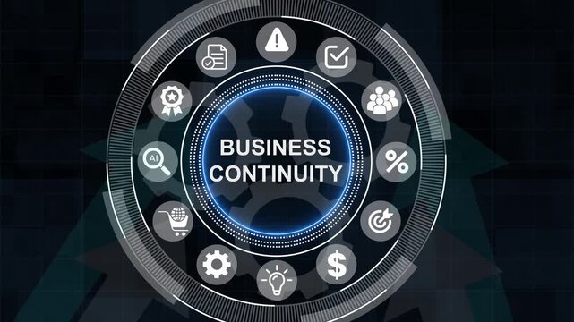 Animated global business continuity concept displaying data and relevant icons. business technology . 3d Motion graphic