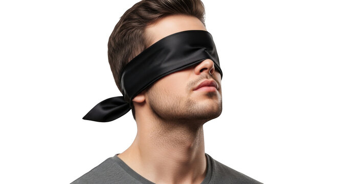 Man with blindfold tied during studio portrait representing trust surrender or mystery on isolated transparent background