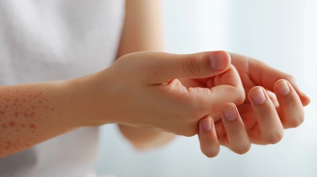 Close-up of a person gently touches and rubs a red irritated area of skin on the arm. Medical footage illustrating rash, itching, dermatitis, allergy symptoms and dermatology.