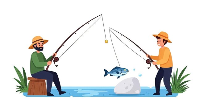 Two happy people fishing by the water, one caught a fish, cartoon style illustration