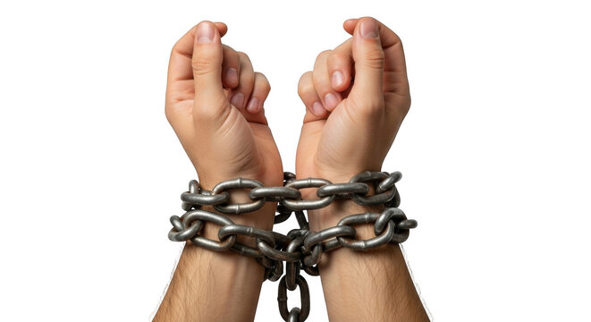 Man's hands bound with heavy metal chain during studio lighting against isolated on transparent background