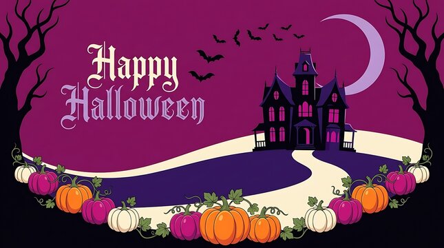 Haunted house on a hill under crescent moon with bats, pumpkins, bare trees, and 'Happy Halloween' text on a purple night sky background.
