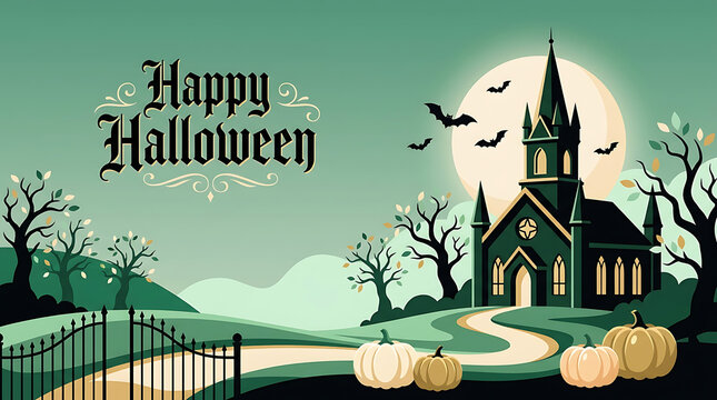 Gothic church with steeple under full moon, bats flying, leafless trees, iron gate, three pumpkins, and 'Happy Halloween' text on a greenish night landscape background.