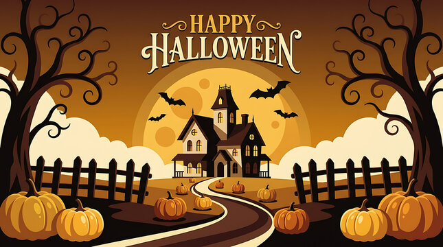 Haunted house with pumpkins, bare trees, bats, and a full moon. Fences and a winding path lead to the house. "Happy Halloween" text at top. Orange and brown color scheme.