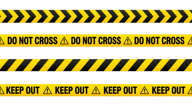 Set of yellow and black warning tape strips with do not cross and keep out text isolated on transparent background