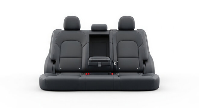 Modern black leather car rear seats featuring headrests and seatbelts isolated on a clean white studio background for automotive industry design and vehicle interior concepts
