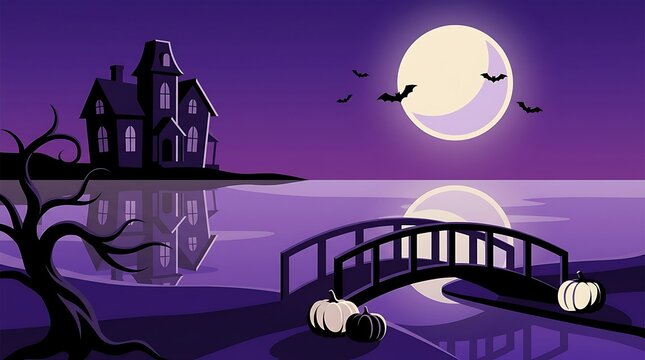 Haunted house, full moon, bats, bare tree, pumpkins and a bridge over a purple lake at night. Dark landscape with silhouettes and reflections.
