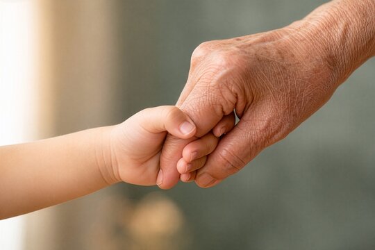 Child's small hand holding an elderly person's wrinkled hand, concept of generations, family bond, care, support and love between grandparent and grandchild