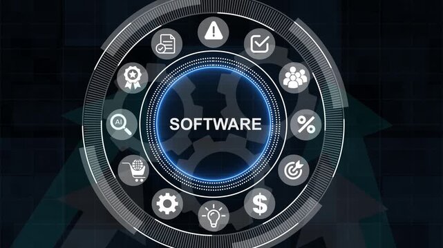 Software development. Data Digital Programs System Technology Concept. 3d Motion graphics of technology icon