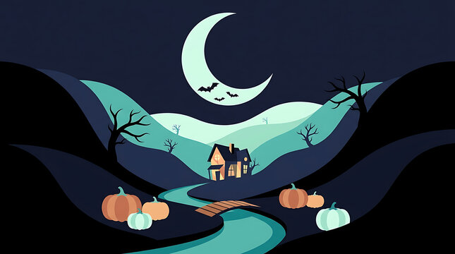 Cartoon house sits in a valley under a crescent moon with bats, surrounded by hills, pumpkins, leafless trees, and a winding path at night. Color palette includes blue, teal, orange, black.