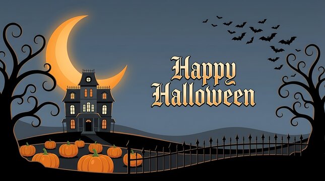 Haunted house with pumpkins, crescent moon, bats, and bare trees under a dark sky, with text 'Happy Halloween' in the center foreground.