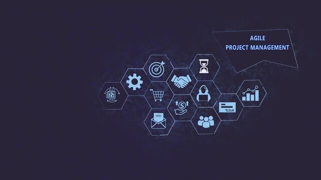 Dynamic agile project management infographic animation featuring interconnected hexagonal business digital strategy workflow symbols, and corporate planning concepts for modern tech presentations