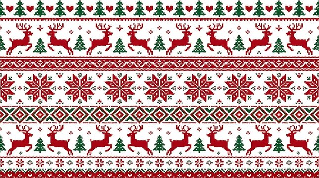 Seamless christmas pattern with reindeer, snowflakes, and fir trees isolated on white background