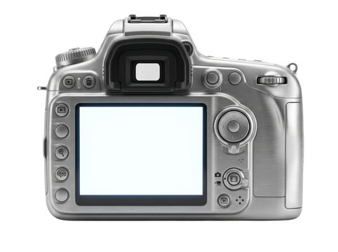Back view of silver digital dslr camera isolated as PNG isolated on transparent background