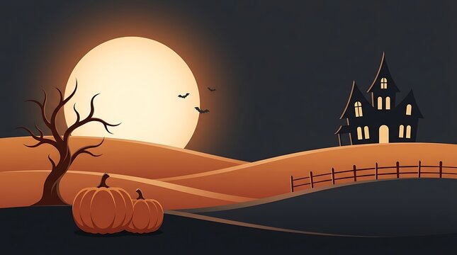 Halloween haunted house with full moon and flying bats at dusk silhouette scene