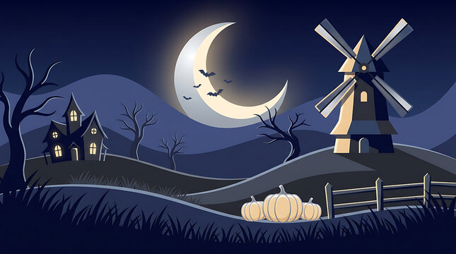 Dark landscape with crescent moon, windmill, haunted house, leafless trees, bats, pumpkins, and a wooden fence under a night sky.