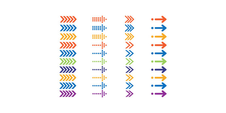 Colorful arrows in various styles and directions arranged in rows on transparent background for pointers.