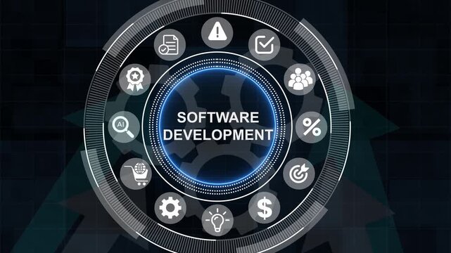 Software development team collaboration and technical process abstract design. business technology. 3d Motion graphics of technology icon