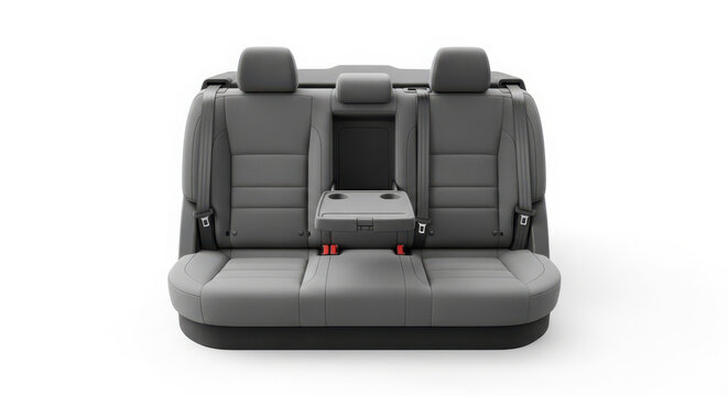 Grey leather car seats showing modern backrest design with cup holders and seatbelts isolated on white background for automotive interior design projects and vehicle maintenance