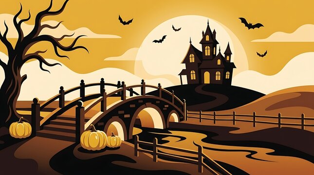 Halloween haunted bridge with flying bats and glowing pumpkins at dusk