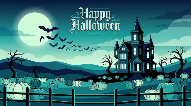 Spooky Halloween haunted castle scene with full moon and flying bats at night