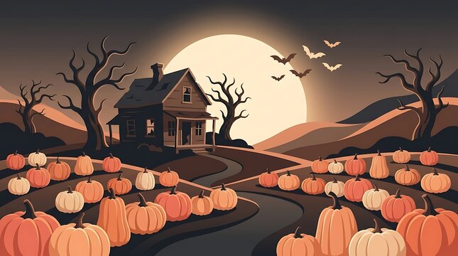 Halloween haunted house with full moon, pumpkins, and flying bats at sunset