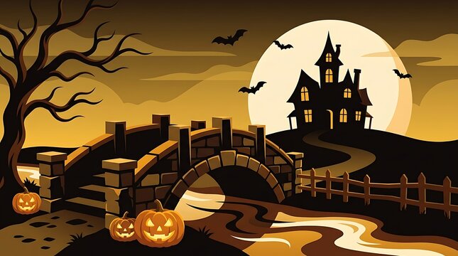 Halloween haunted bridge with full moon, flying bats, and glowing jack-o-lanterns at night