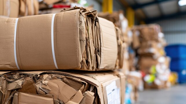 Close up compressed cardboard bales tied with straps in recycling warehouse for sustainable packaging and waste management background