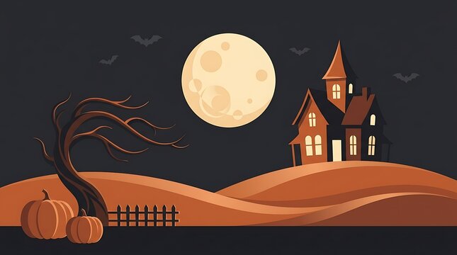 Halloween haunted house with full moon and flying bat silhouette at night