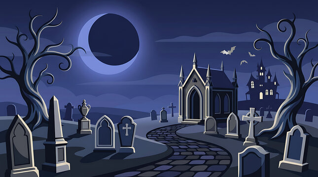Spooky graveyard with full moon and flying bat at night for Halloween horror theme