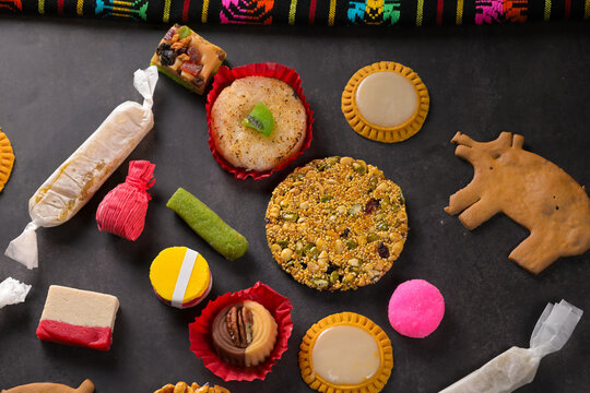 Overhead view of delicious Mexican dulces for celebration