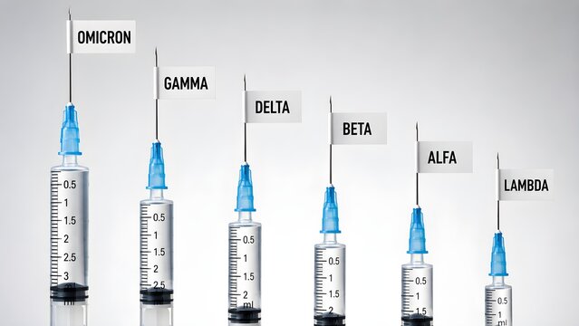 Syringes labeled with coronavirus variants including omicron, gamma, delta, beta and alpha, representing vaccination, virology and medical research