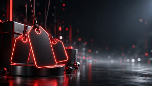 Glowing red neon price tags hanging over black circular podium for retail promotion and flash sale