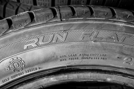 Run Flat Tire Sidewall with Self Support System SSS Marking, Load and Pressure Specifications Close-Up
