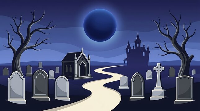 Spooky Halloween Night Graveyard Scene with Haunted Cemetery, Full Moon, Bats, Silhouetted Trees, Old House and Dark Starry Sky Vector Illustration