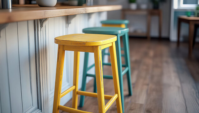 Vibrant yellow and green chairs adding cheerful color pop to sleek, minimalist kitchen interior with natural illumination
