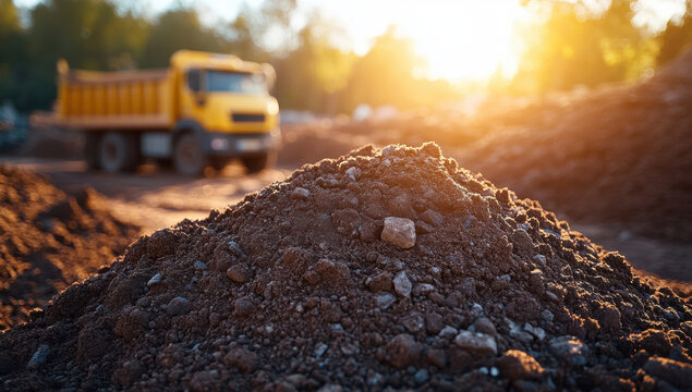 Freshly plowed fertile soil in a cultivated field with a dump truck working in the background at sunset