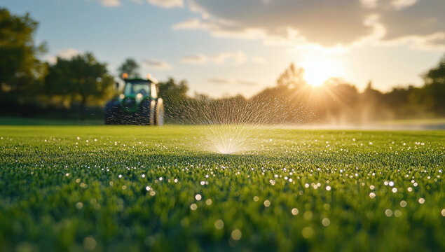 Automated irrigation system watering golf course at sunset, ensuring lush green grass with tractor in the background