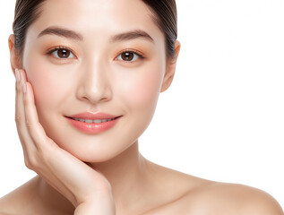Obraz premium Beautiful Young Woman with Perfect Healthy Skin, Natural Makeup and Fresh Radiant Look in Close-Up Skincare and Wellness Beauty Portrait, Young Woman with Clean Skin and Subtle Makeup Smiling Gently