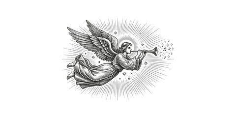 Vintage angel illustration blowing trumpet surrounded by celestial stars and musical notes in classic woodcut engraving style for design. © Jpeg shop opened