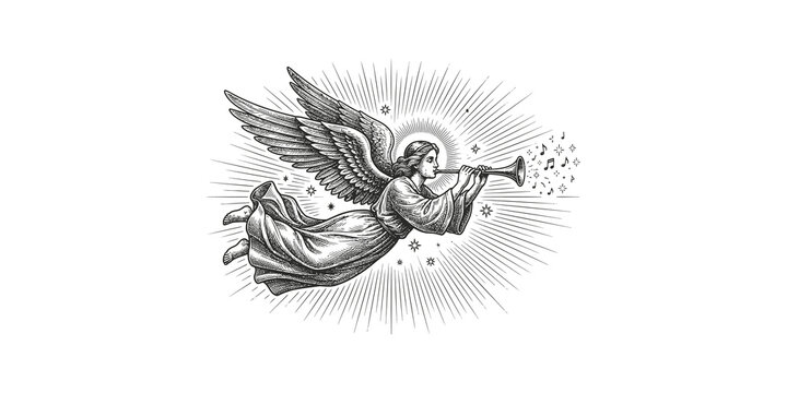 Vintage angel illustration blowing trumpet surrounded by celestial stars and musical notes in classic woodcut engraving style for design.