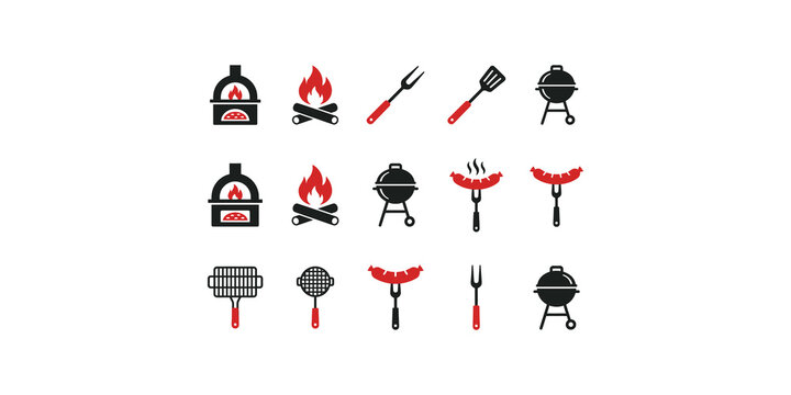 Grilling equipment icons set including charcoal ovens and sausages on forks plus campfire graphics for picnic and camping food design.