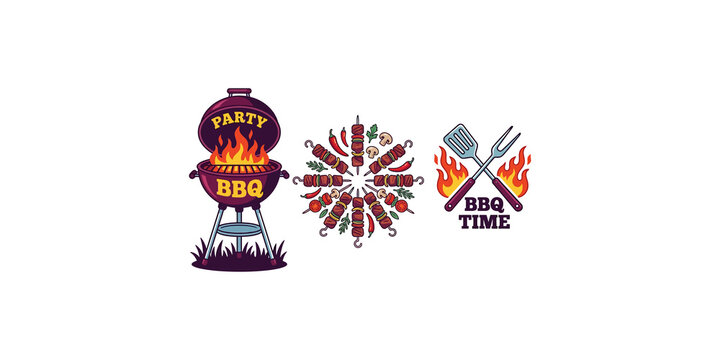 Bbq party logo collection featuring charcoal grill with fire flames and assorted meat skewers in vintage flat cartoon illustration style.
