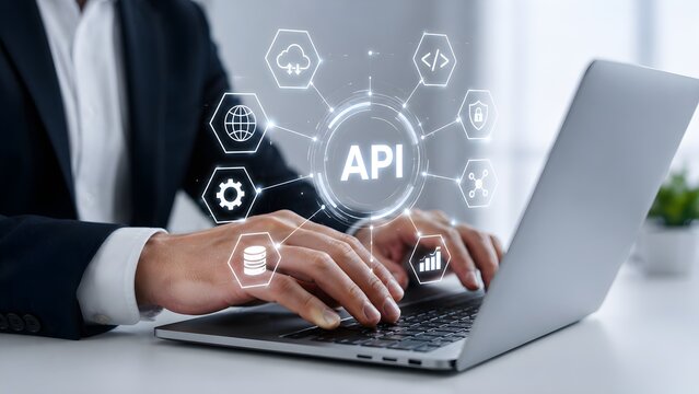 Business professional using laptop with glowing API interface, representing software integration, application programming, cloud technology, automation and digital development