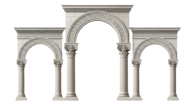Ornate Roman Triumphal Arch with Corinthian Columns during a sunlit daytime Isolated on transparent background