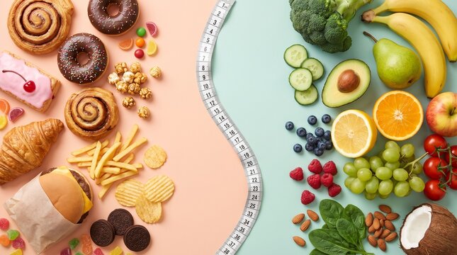 Nutrition: Healthy and unhealthy foods contrast across a measuring tape for weight management